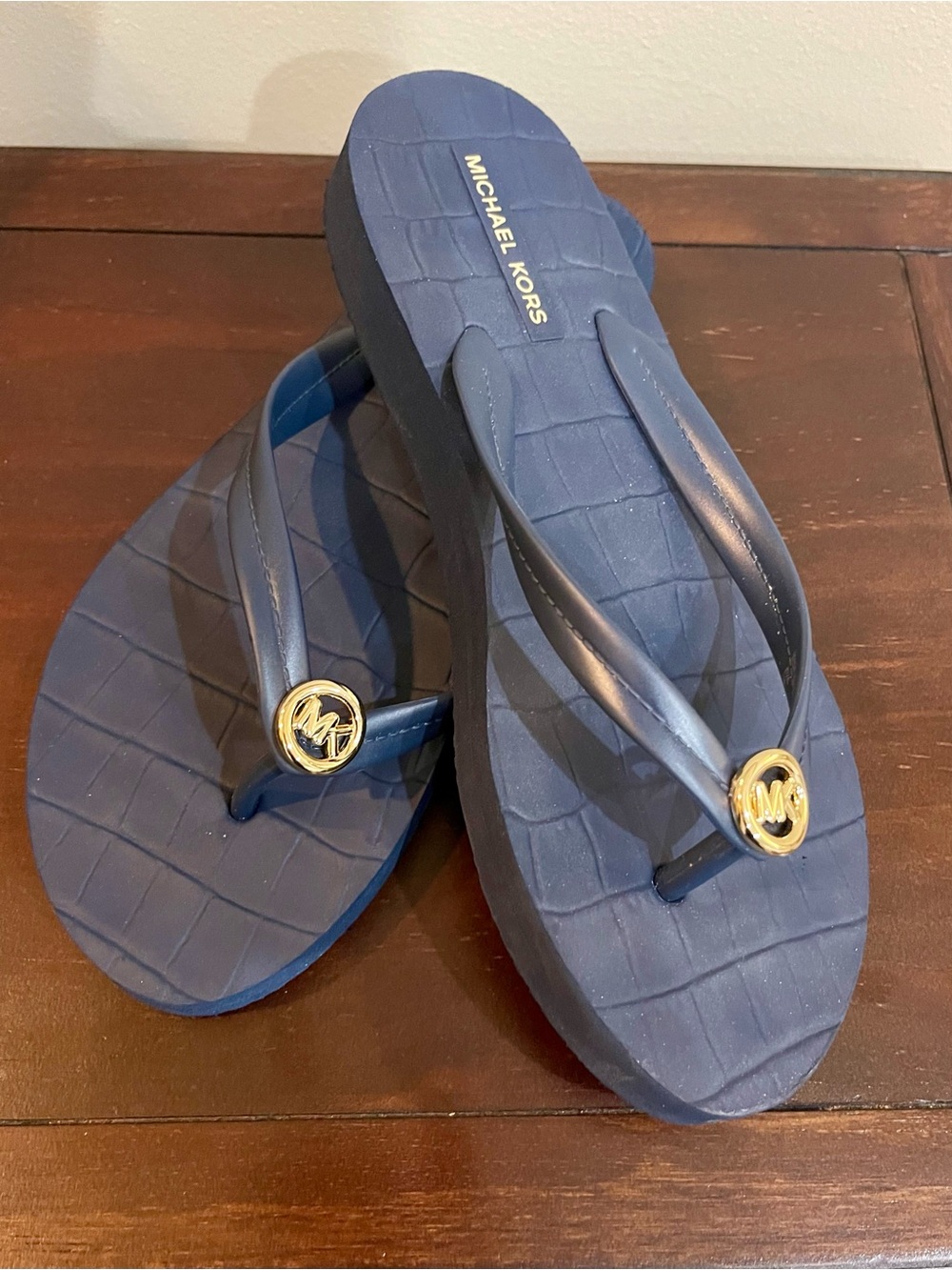 Michael Kors Blue Croc-Textured Logo Thong Sandals